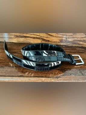 Nine Wear  Black Patchwork Leather Belt w Animal-Print Patchwork fur Accents Sm